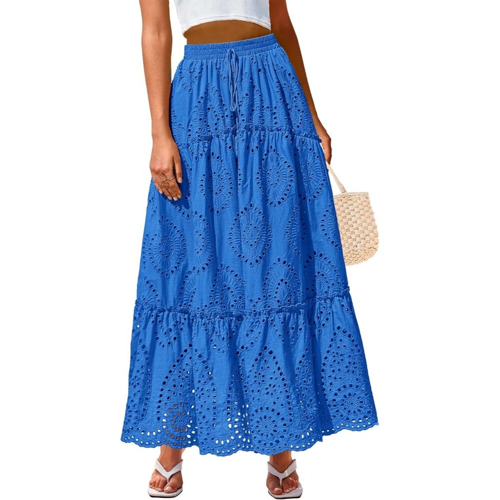 Lacy Blue Maxi Skirt For Women - High Waist And Flowy Design For Every Occasion